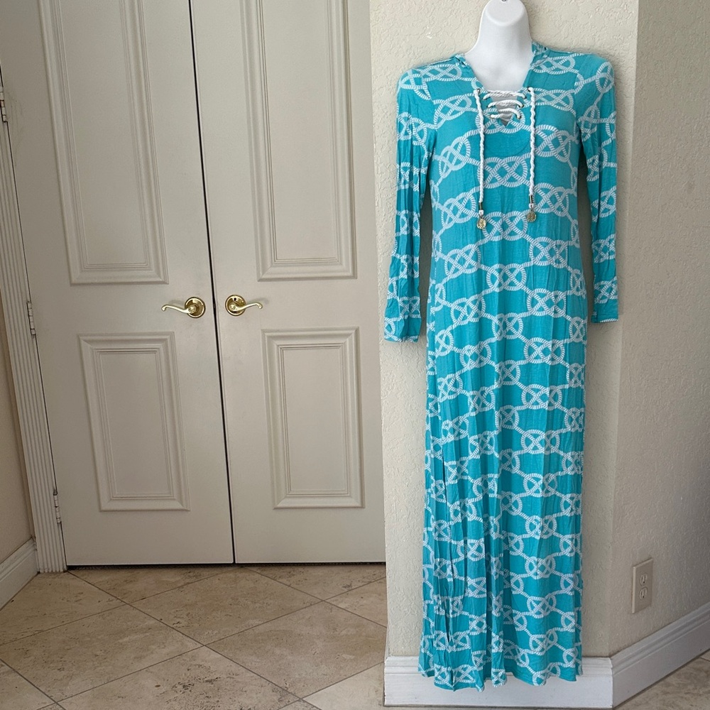 Chic Turquoise and White Long Sleeve Dress